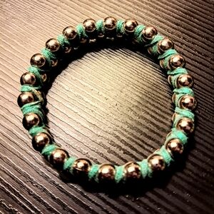 NWOT Solid Stainless Steel And Genuine Green Woven Soft Bangle Bracelet Unisex